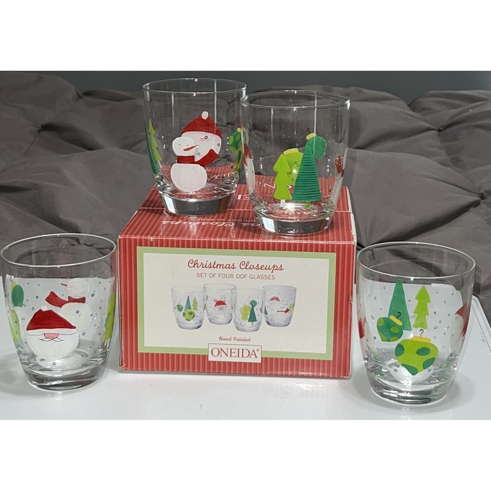 Vintage 4 Oneida Christmas Closeups Dof Glass Glasses Hand Painted 4 1/8" In Box